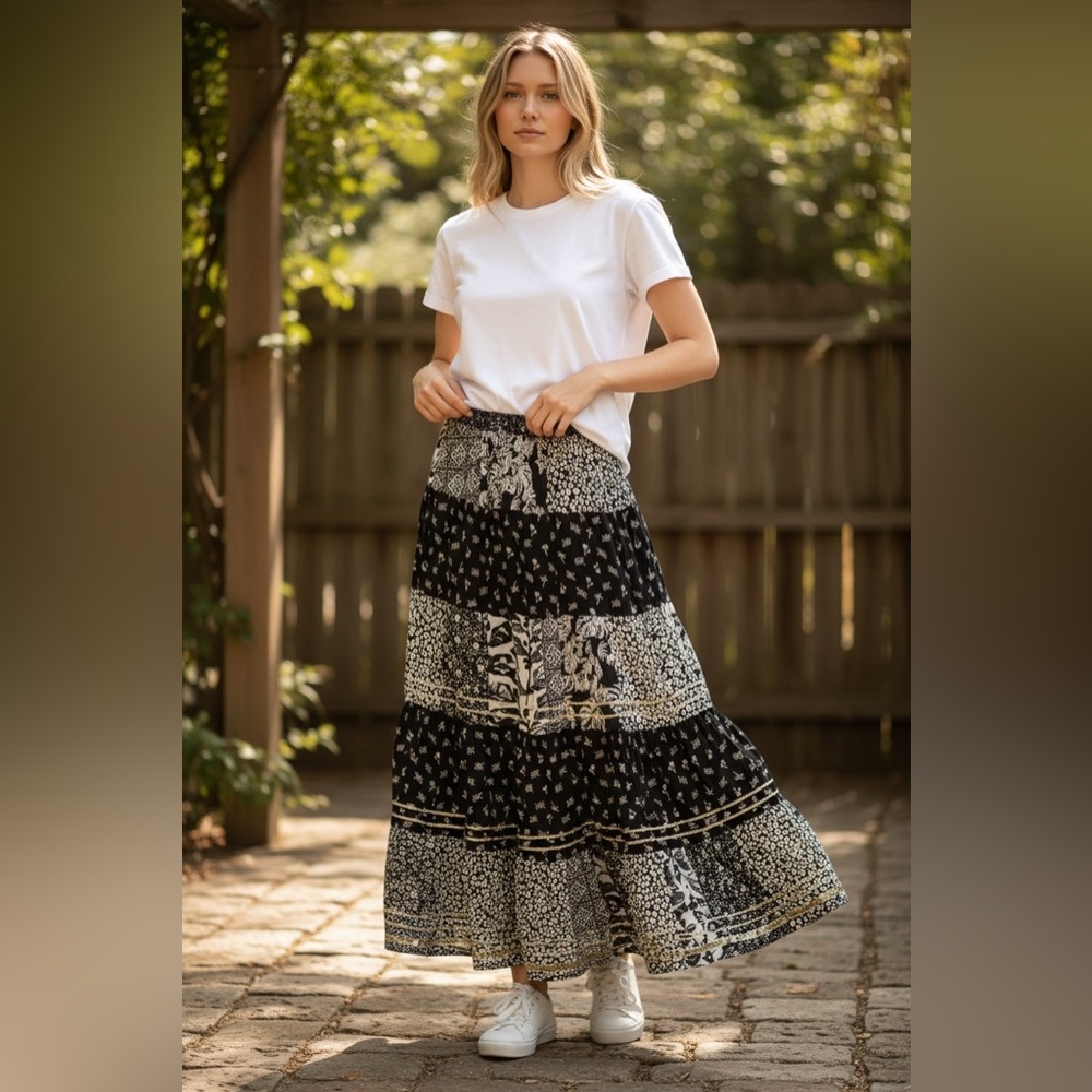 Bohemian Patchwork Maxi Skirt - Black and White with Gold Ribbon Large NWT